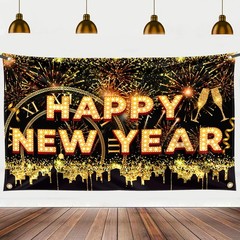 Black and Gold Happy New Year Banner – XtraLarge, 72×44 Inch | Black, gold