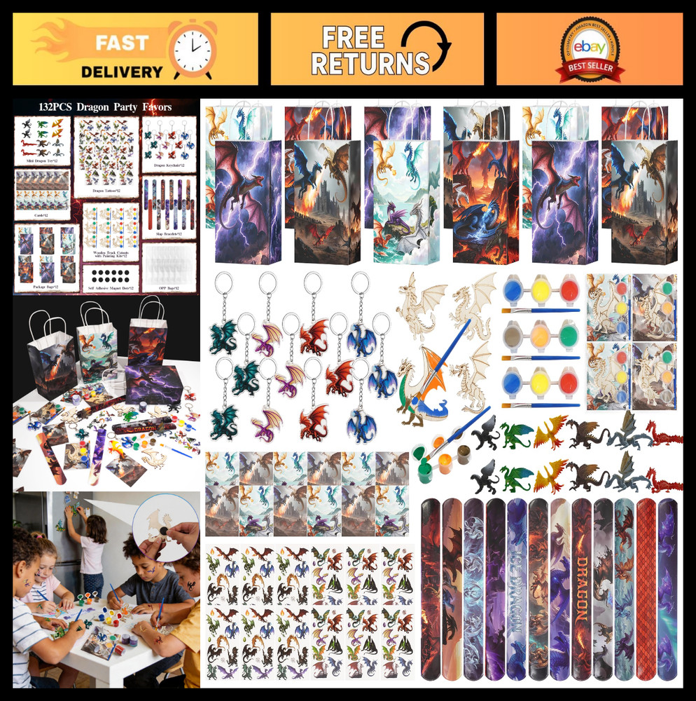 132Pcs Dragon Party Favors & Decorations – Mini Toys, Keychains, Painting Kits &