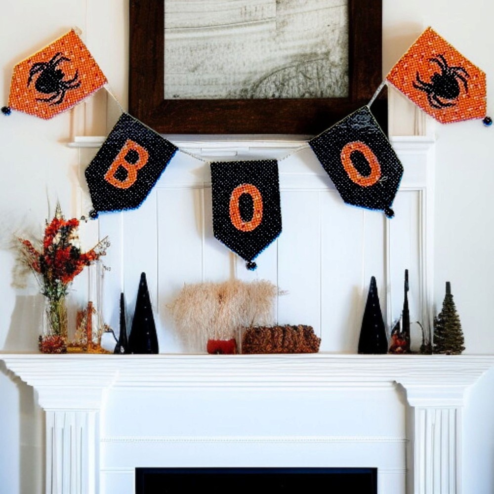 Halloween BOO Garland Spiders Black Jingle Bells Design Stars 5’4″ Banner Party
