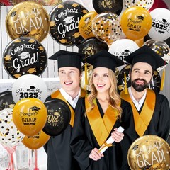Graduation Balloons for Class of 2025 – Gold and Black Grad Latex Confetti Ballo