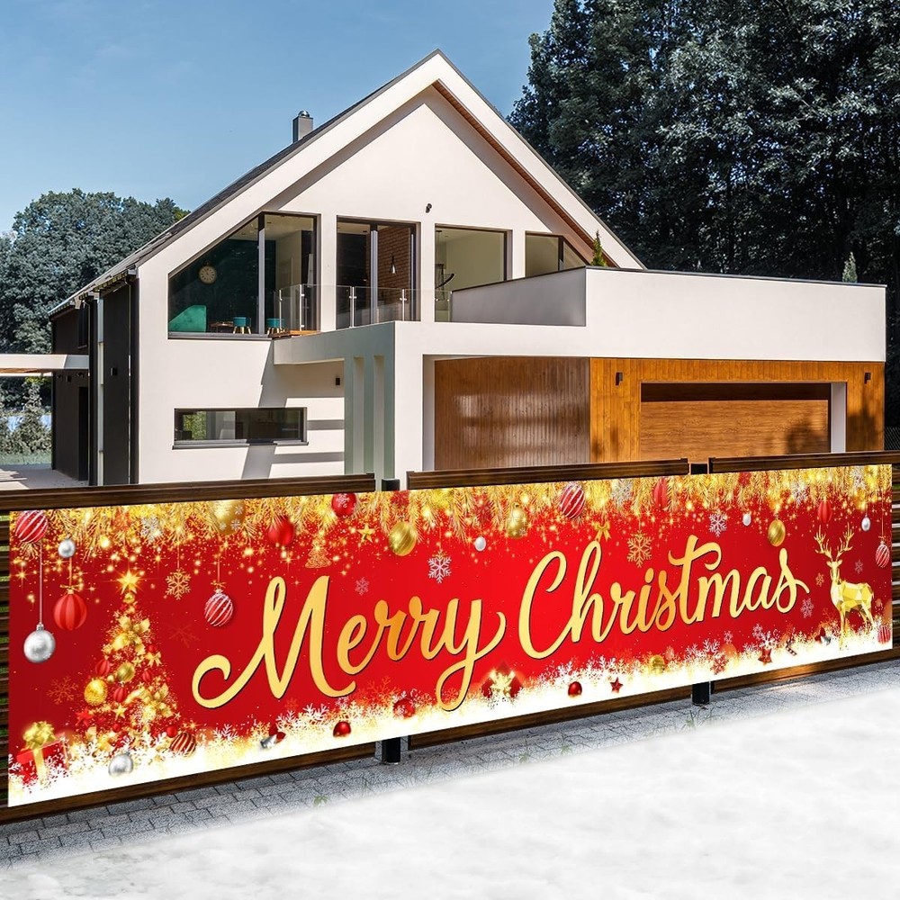 Merry Christmas Banner – Red and Gold Large Outdoor Xmas Tree Elk Banner for Chr