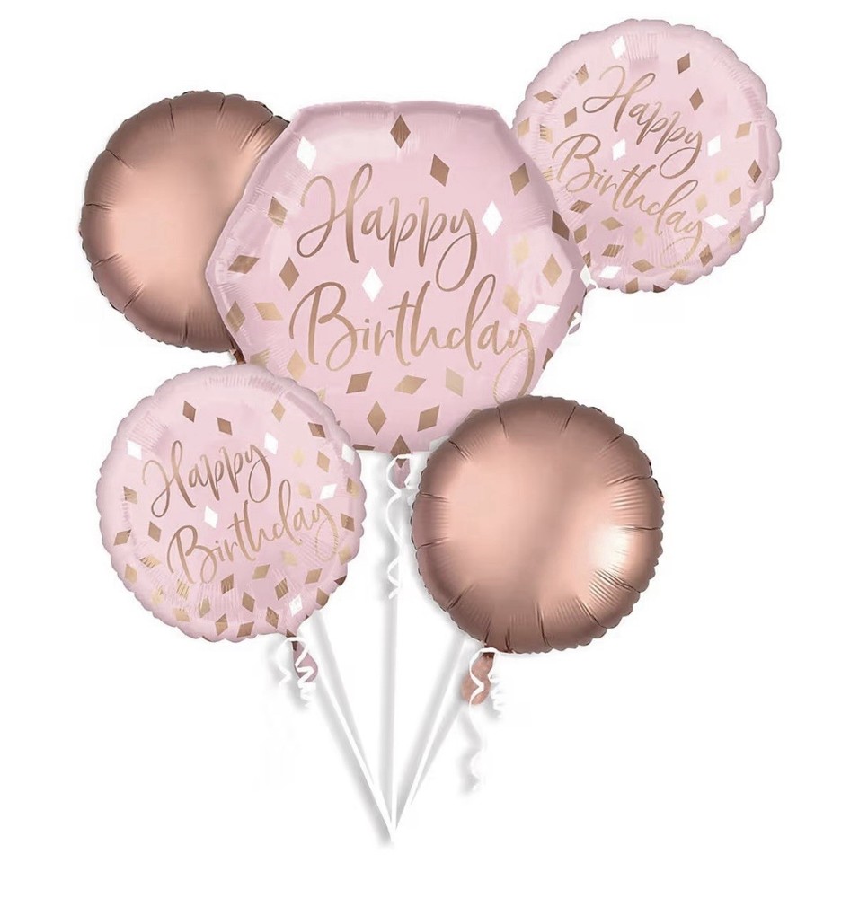 Happy Birthday Balloon Bouquet 5pc Blush Rose Gold Foil