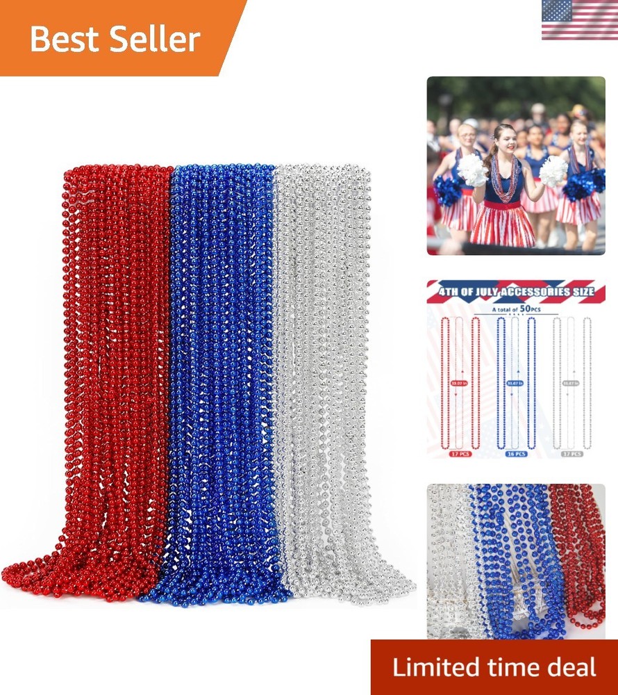 Bulk 12 Red, Blue & Silver 4th of July Party Necklaces for Festive Celebrations