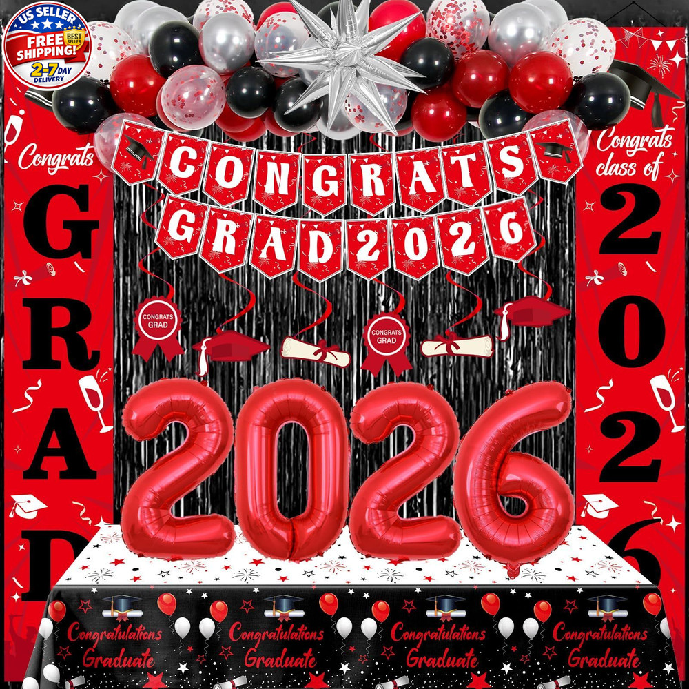Graduation Decorations 2026, Red and Black Grad Decorations Class of 2026, Gradu