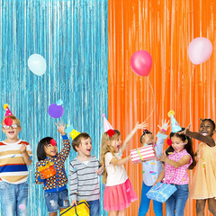 2 Pack Blue Orange Foil Metallic Fringe Curtains for Party Decorations Blue Oran
