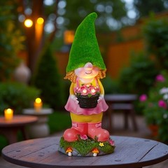 Solar Powered Resin Gnome Girl Statue Garden Ornament with Light Effect