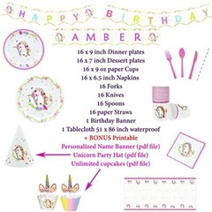 Unicorn Themed Birthday Party Plates Supplies Serve 16 Guest – 130 Pieces