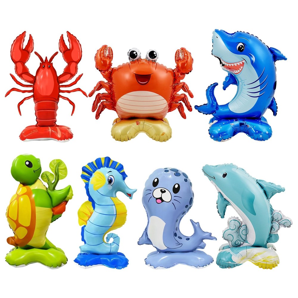 7 Pcs Ocean Animal Balloons – Standing Turtle Seahorse Dolphin Shark Crab Lob…