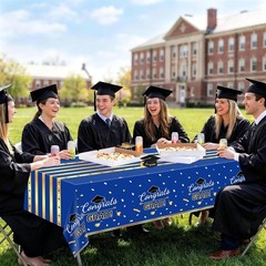 Graduation Tablecloth 54×108 inch 3 Pack Blue and Gold Disposable Rectangle P…