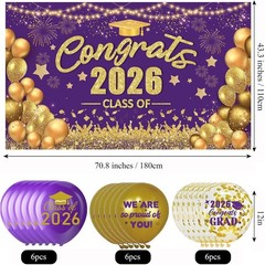 Purple and Gold Graduation Decorations Class of 2025 Banner with 18 Pcs Grad Bal