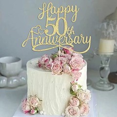 golden Glitter Happy 50th Anniversary Cake Toppers -Wedding 50th Gold