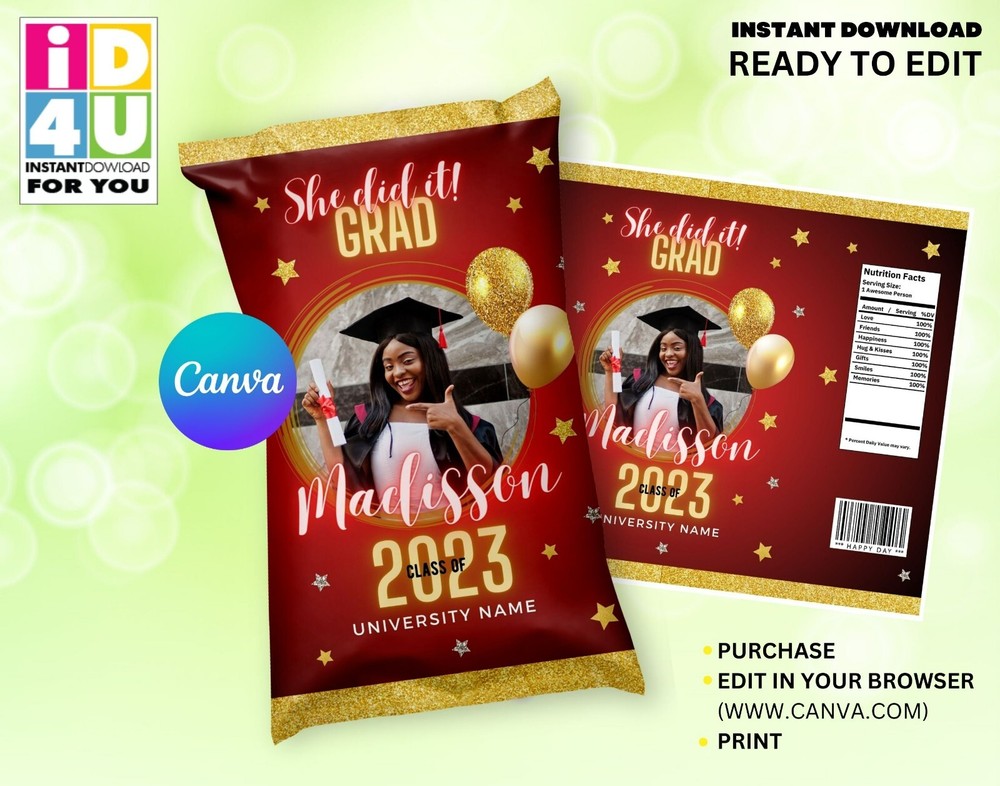 Girl Graduation Class of 2023 Chip Bag Editable, Graduation Chip Bag Editable