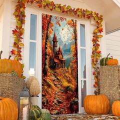 Fall Banner Door Cover,Leaves Castle Decor Thanksgiving Orange