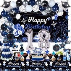Miidenks 18th Birthday Decorations Set for Boy Men, Navy Blue Silver Black Happy