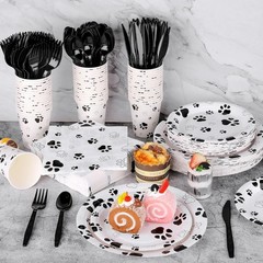 400-Piece Black Paw Print Tableware Set for 50 Guests – Perfect Party Supplies