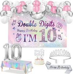 10th Birthday Decorations for Girls,49pcs Silver Dazzle Double Digits Banner,…