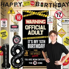 18th Birthday Party Decorations Kit, Caution Banner, Balloons & Swirls for Boys/