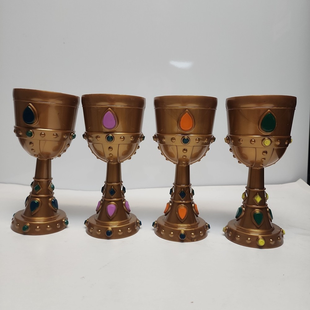 Lot of 4 Molded Plastic Gold Crown Royalty Goblets Pink, Blue, Green,Orange Gems