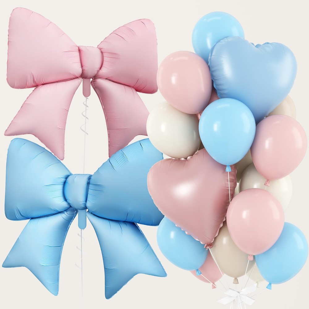 38 Inch Blue Pink Bow Heart Balloons, Baby Pink Light Blue Sand White Ivory L…