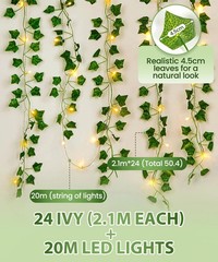 KASZOO 24Pack / Each 82 inch, 24 pack Artificial Ivy with 160 LED, Green