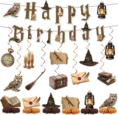 53Pcs Magical Birthday Party Decorations Magic Theme Banner Hanging Swirls and H