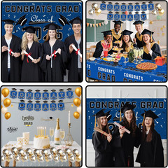 Graduation Decorations 2026 – Blue Congrats Grad Banner Backdrop Tablecloth Set