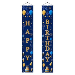 Door Banner 12×71 Inch Vertical Hanging Decoration Gold Blue Happy Letter Sig…