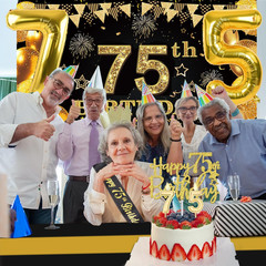 75th Birthday Decorations Men Women with 75th Birthday Banner, Black and Gold Ta