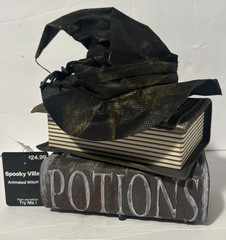 Animated Moving Talking Light-Up Witch Hat on Potion Books Halloween Decor NEW