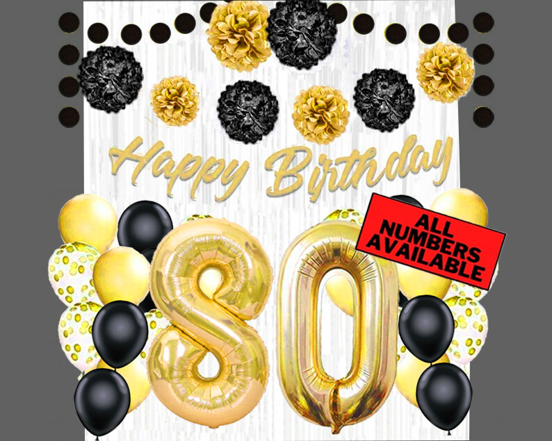 Gold & Black 80th Birthday Decorations – 40″ Number Balloons & More -Boy or Girl