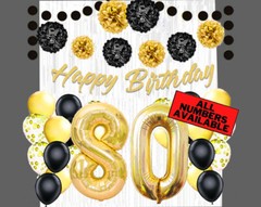 Gold & Black 80th Birthday Decorations – 40″ Number Balloons & More -Boy or Girl