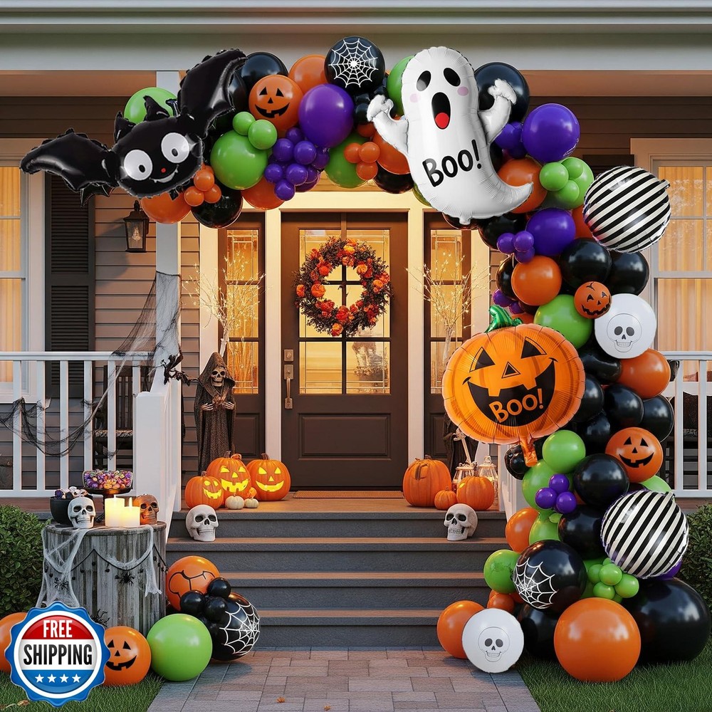 Halloween Decorations with Orange Black Green Purple Balloon Garland Arch and