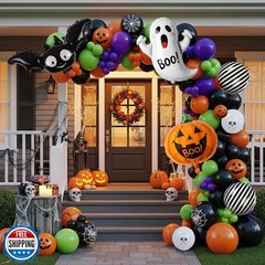 Halloween Decorations with Orange Black Green Purple Balloon Garland Arch and