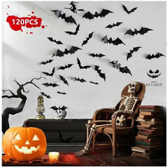 120Pc Halloween Bats Decor Outdoor Indoor,3D Bat Sticker Window (4 Sizes, Black)