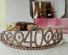 40th Birthday Tiara, 40” Mylar Baloons, Etc. 49 Piece Pink and Rose Gold Theme