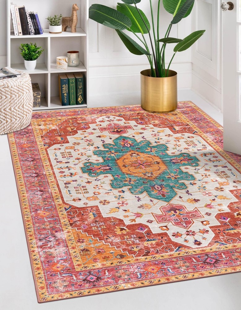 Moynesa Ultra-Thin Washable Vintage Area Rug – 5×7 Large Bedroom Boho Non-Sli…