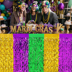 Mardi Gras Party Decorations, 2 Pack Purple Green Gold Wavy Metallic Tinsel Foil