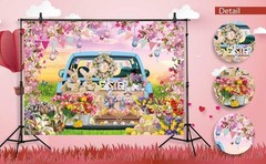 7ft x 5ft Fabric Easter Backdrop – Bunny Car – Photo Prop Party Decoration – New