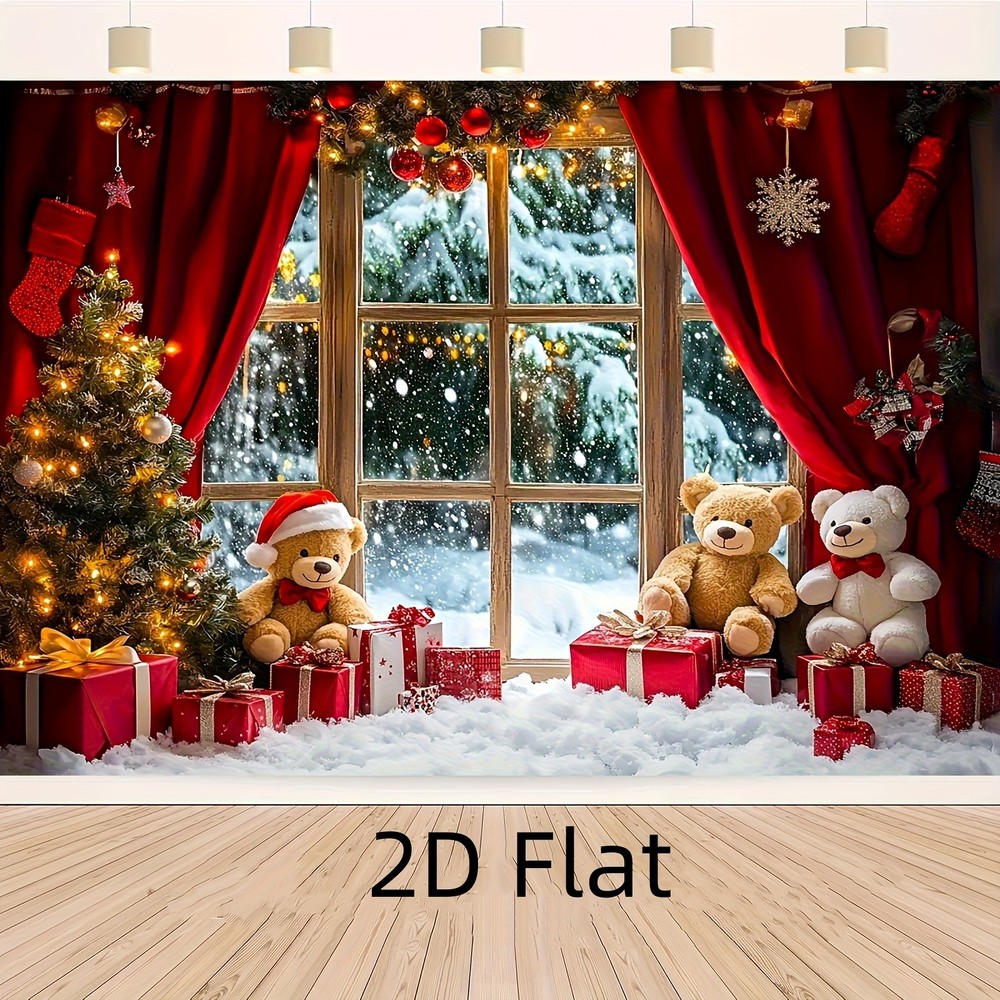 Christmas Window Backdrop Gifts Snow 2D Flat Photography Background Holiday ◐