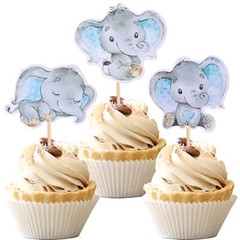 36 Elephant Theme Blue Cupcake Toppers Baby Shower Decorations For Boy
