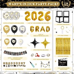 2026 Black & Gold Graduation Party Decorations Set – 124 PCS with LED Balloons &