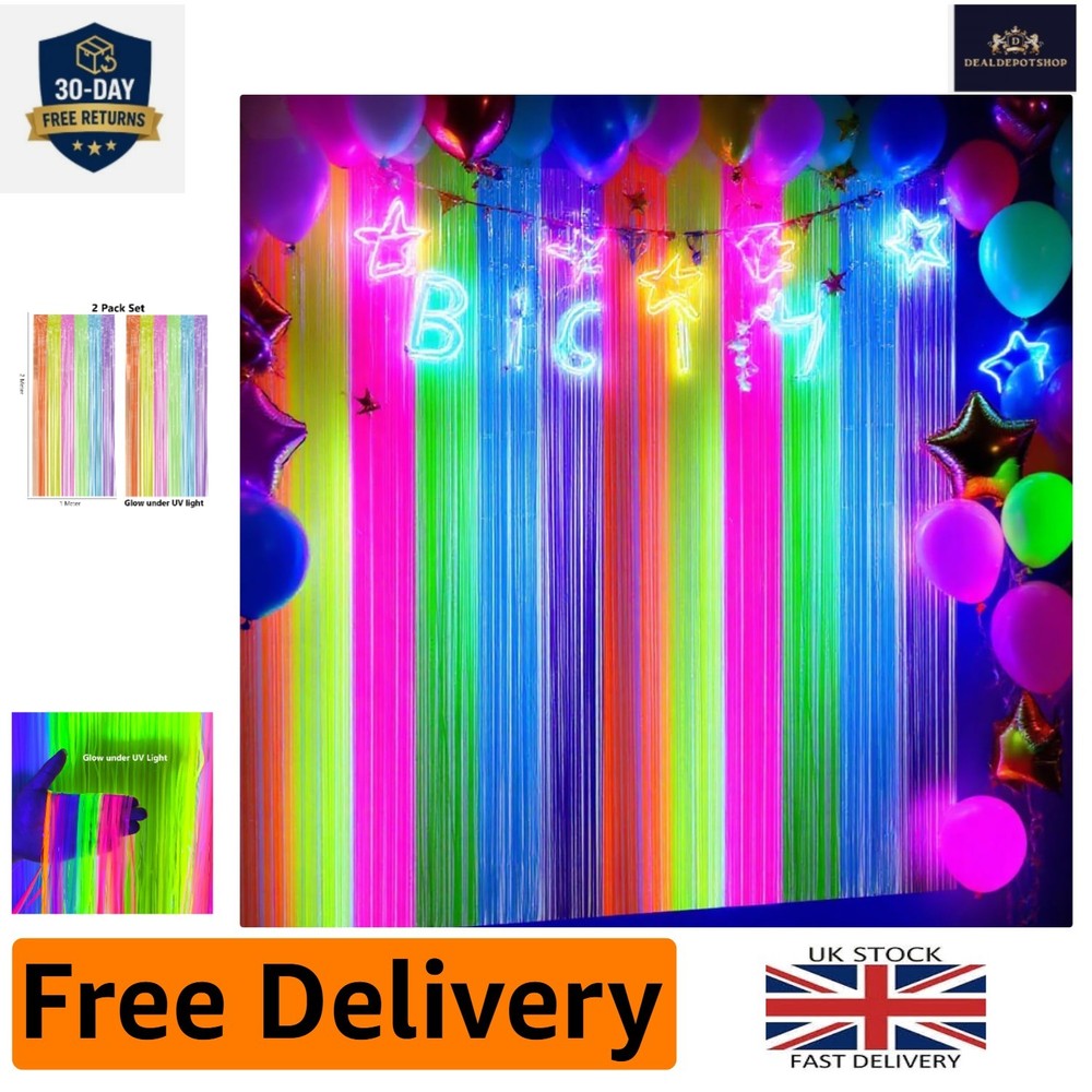 2 Pack Neon Tinsel Curtains – 6 Vibrant Rainbow Colors for UV Glow Parties
