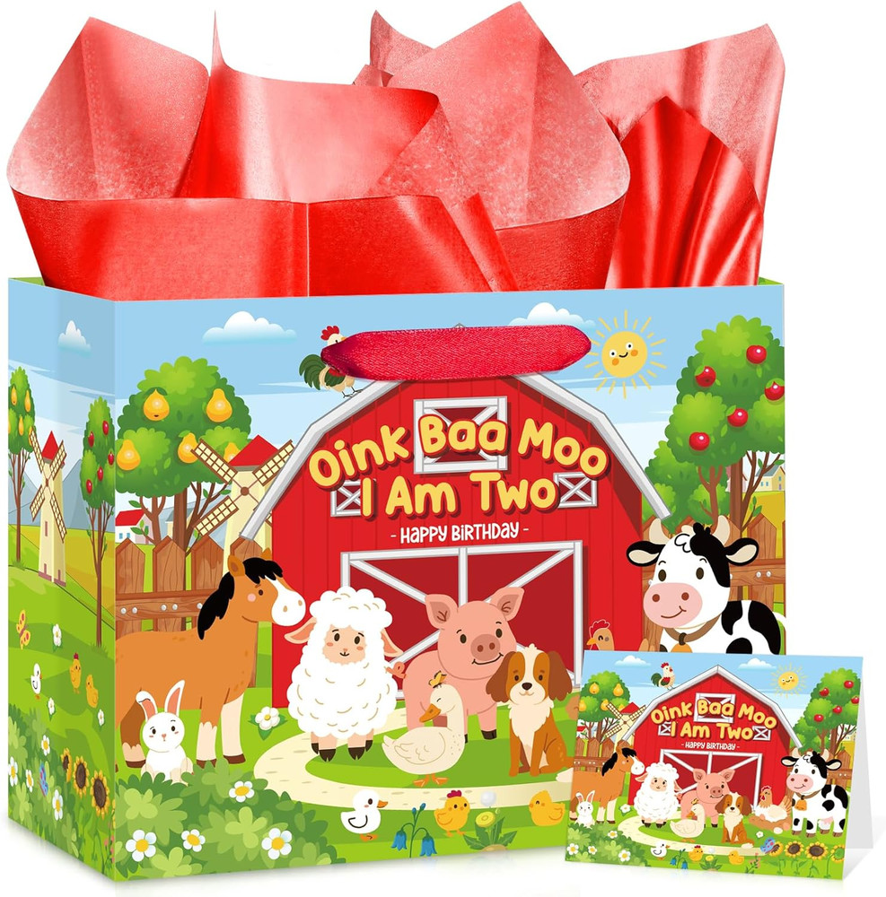 Farm Animals 2Nd Birthday Gift Bag for Boys Girls Red Oink Baa Moo I Am Two Wrap