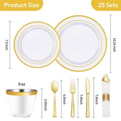 Goodluck 175 Piece Gold Plastic Dinnerware Set for 25 Guests, Fancy Disposabl…