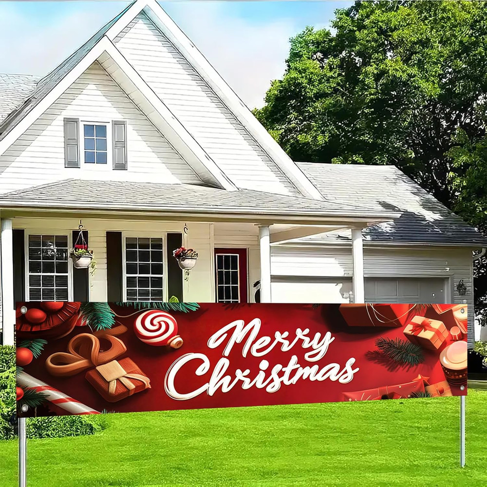 Merry Christmas Banner 3D Gift Candy Decor Backdrop 78X17 Inches Festive Holiday