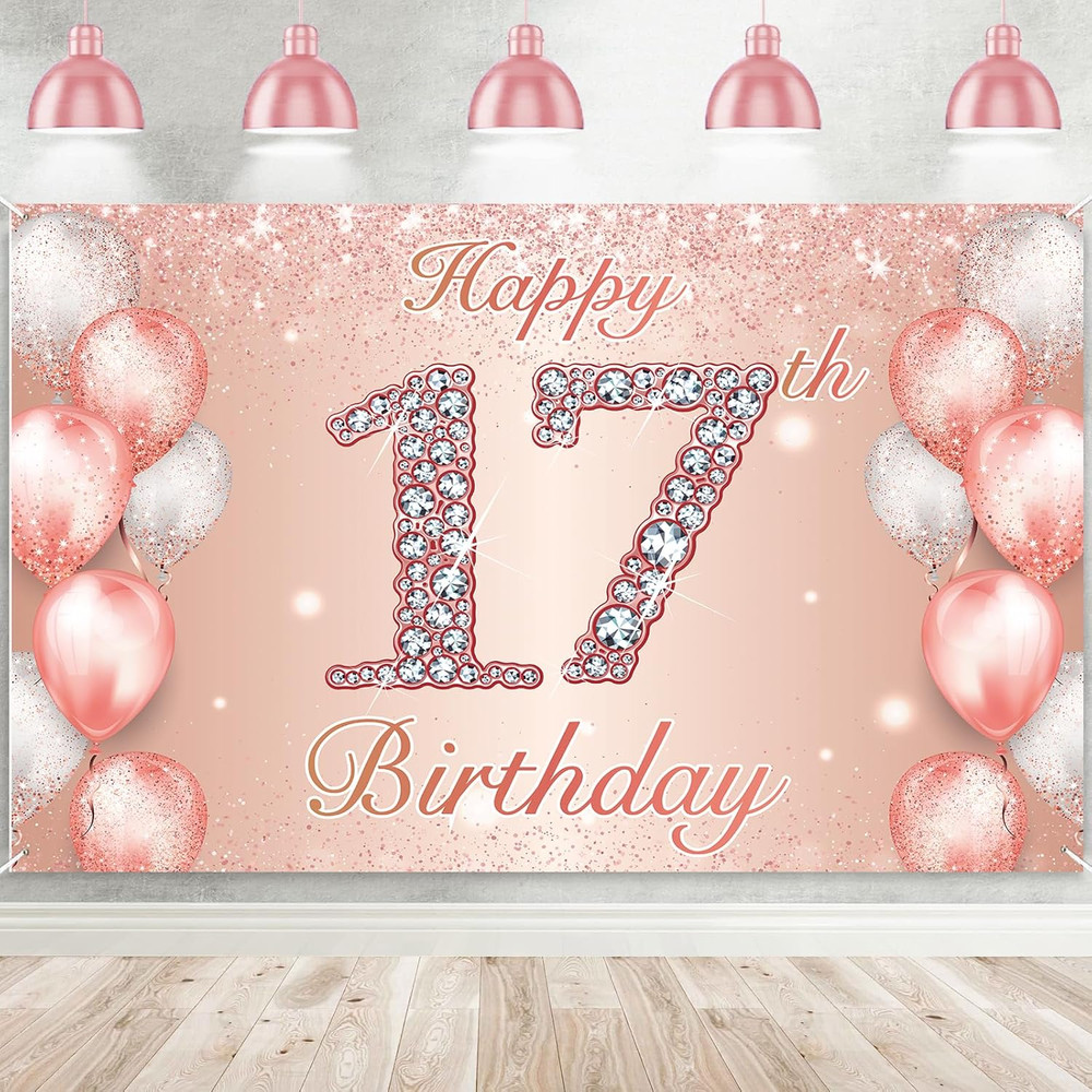 Happy 17Th Birthday Rose Gold Banner Cheers to 17 Years Old Backdrop Confetti Ba