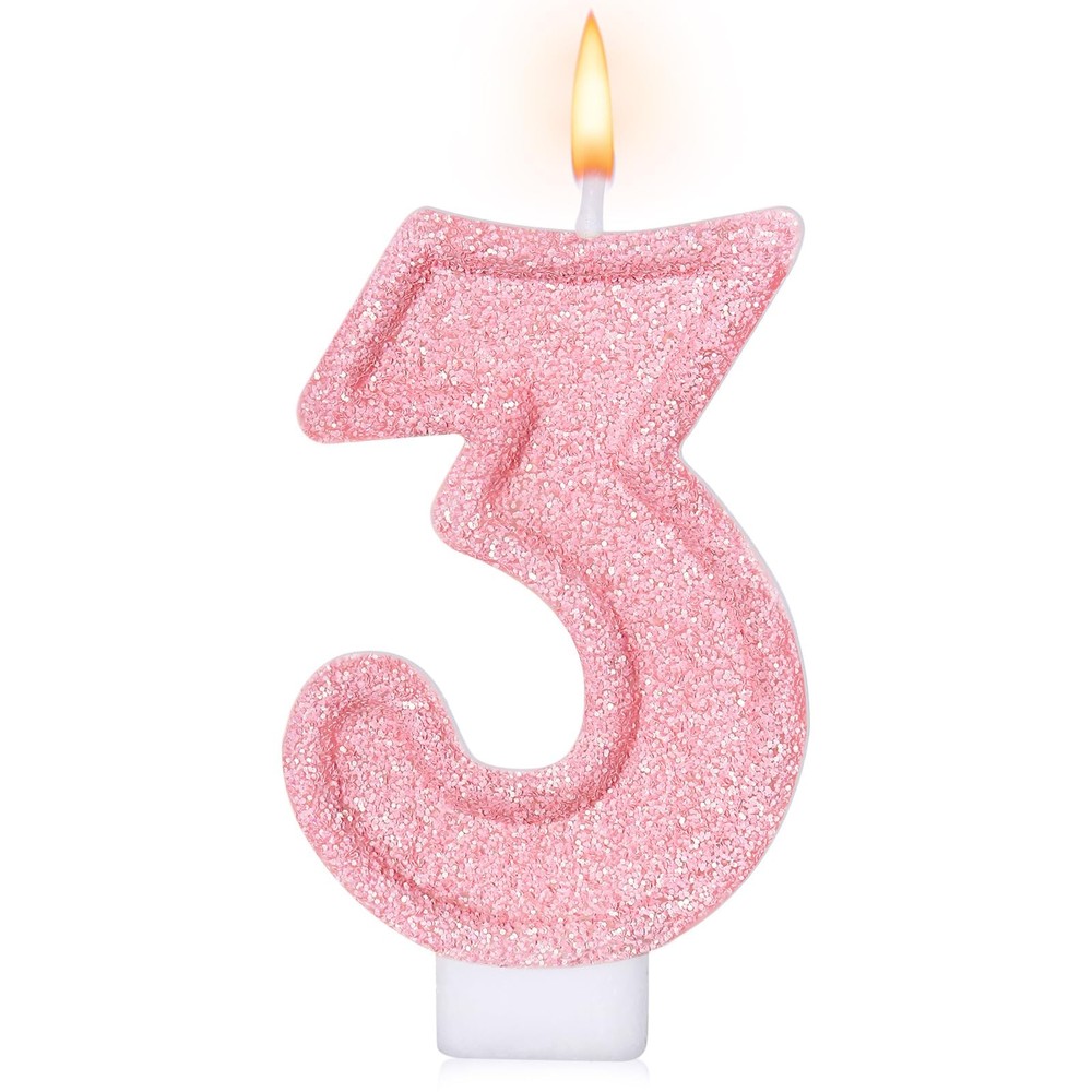 Cute Number 3 Birthday Candle, Glitter Pink 1.69 inches x 2.83 inches,