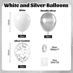 60pcs Silver and White Balloons with Confetti for Birthday and Party Decor