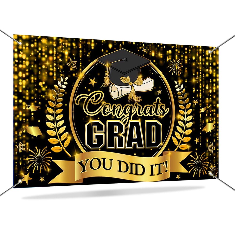 Congrats Grad 2026 Banner Black and Gold Graduation Decorations Class of 2026…