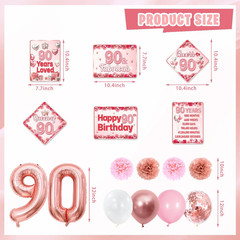 90Th Birthday Decorations for Women, Pink Rose Gold Flower 90 Years Old Party